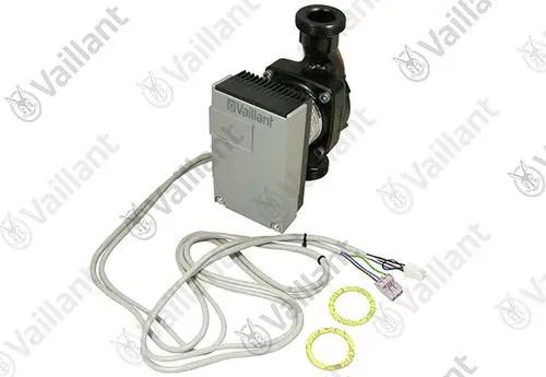 Vaillant Pumpe mit elektrischer Anschlusskabel und Dichtungen, geeignet für Heizkreise. Das Produkt zeigt eine robuste Bauweise und Anschlussmöglichkeiten.